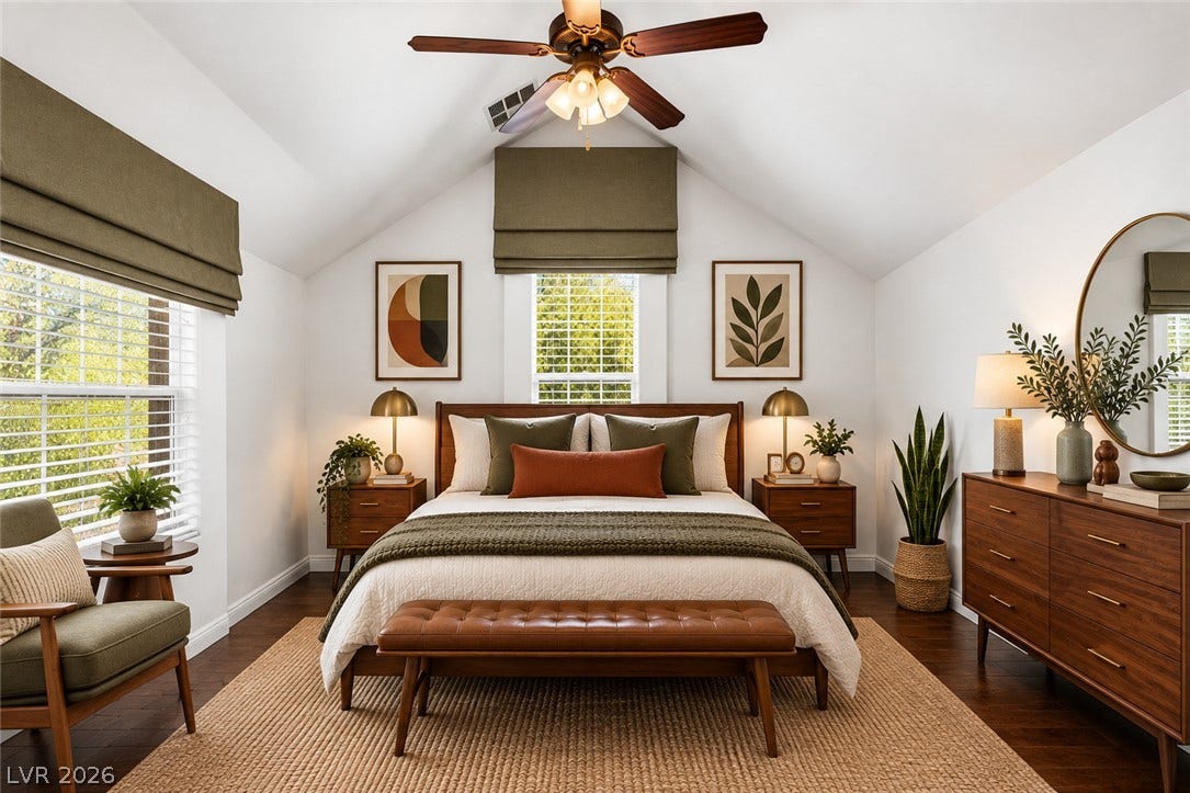 1201 Mersault Court, Las Vegas, NV 89144 Vaulted ceilings and rich wood floors create an inviting and peaceful sleeping retreat.