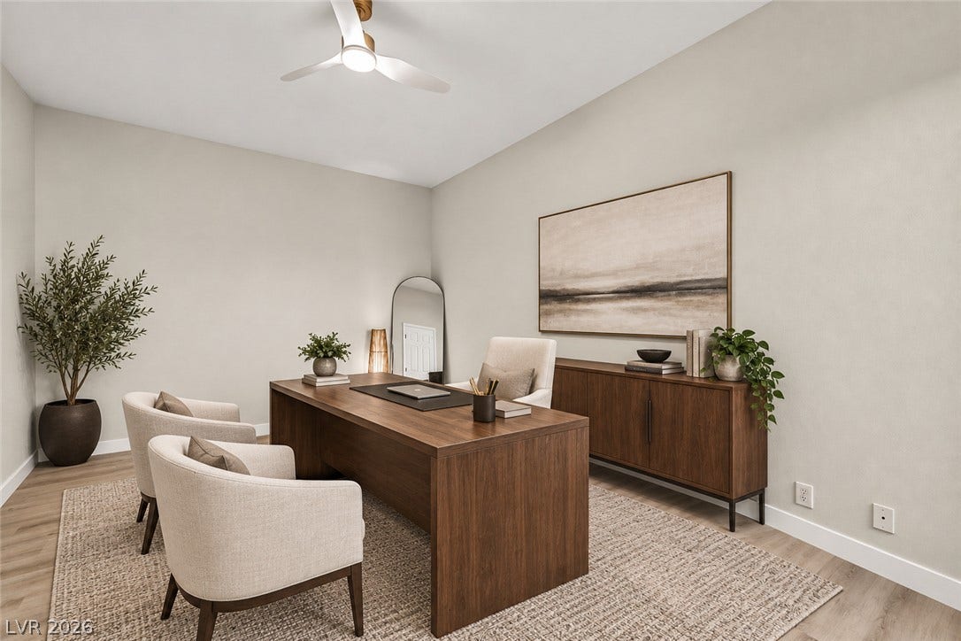 17 Winding Road, Henderson, NV 89052 Virtually Staged.
Smooth wood floors anchor this quiet home workspace designed with neutral tones and clean lines.