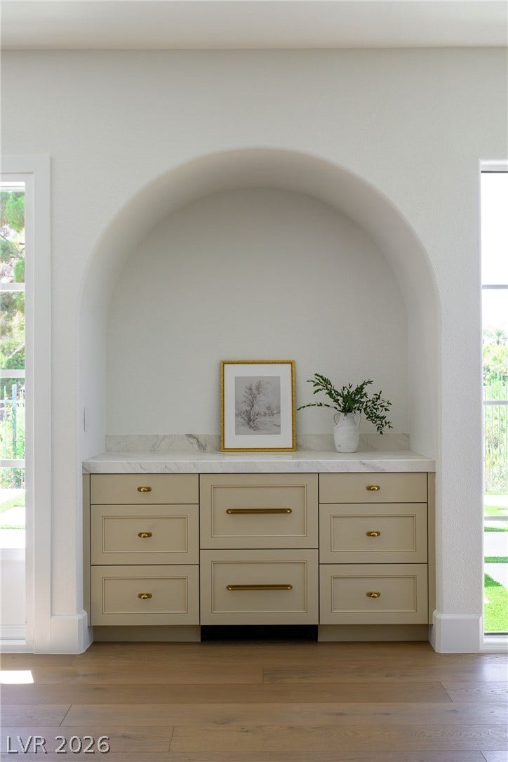 12007 Oakland Hills Drive, Las Vegas, NV 89141 Arched Nook with Cabinetry and Double Drawer Beverage Fridge.