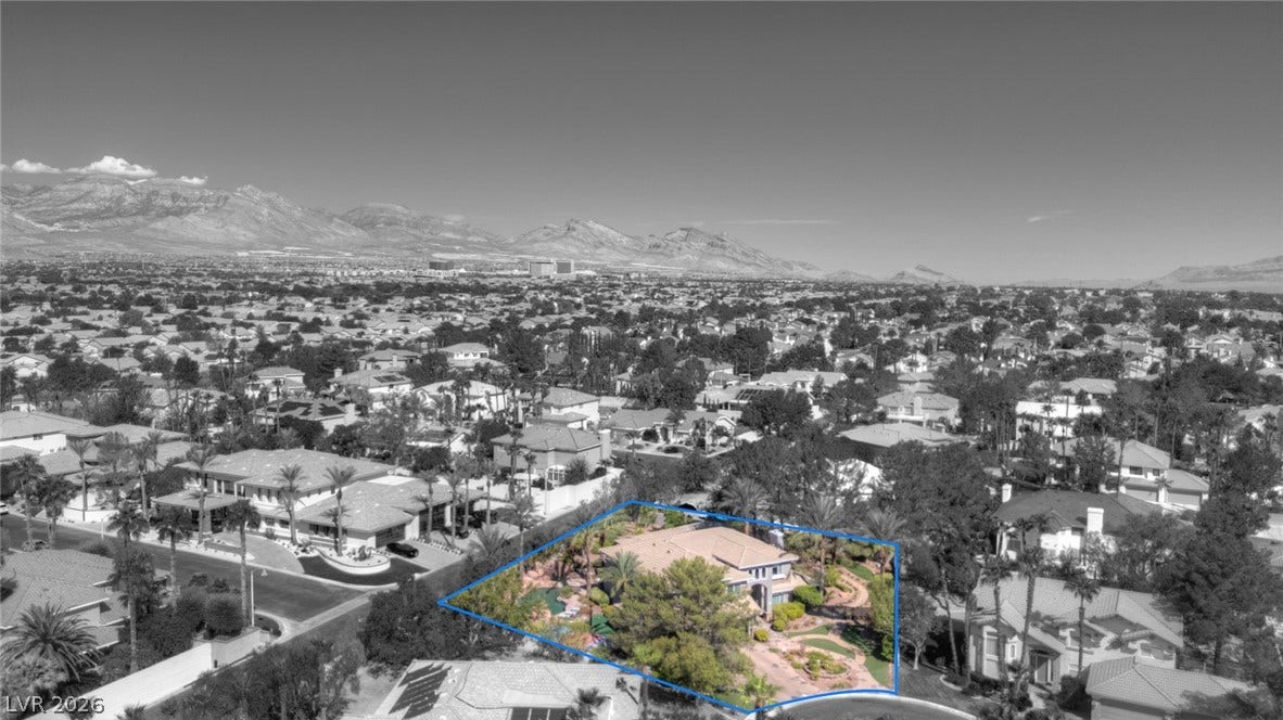 9916 Aspen Knoll Court, Las Vegas, NV 89117 Drone shot looking towards Downtown Summerlin which is an 8 to 9 minute drive from subject property.