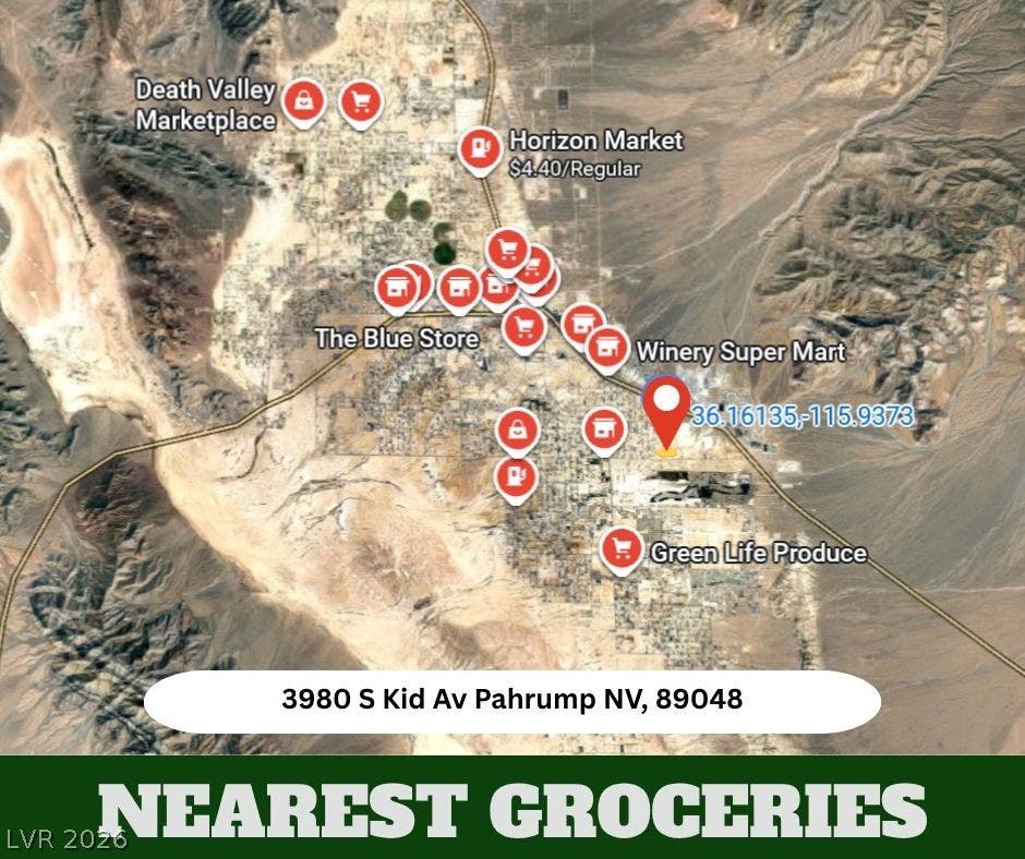 An aerial map highlights nearby grocery stores and local markets surrounding the property location.
