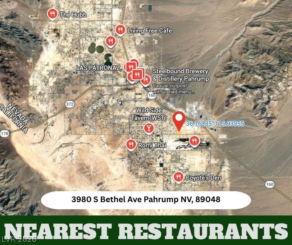 An aerial map highlights the surrounding desert landscape and nearby dining options.