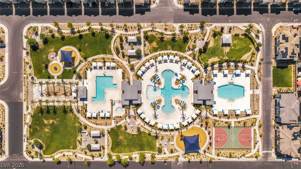 2594 Canary Yellow Court, North Las Vegas, NV 89086 An aerial view showcases the extensive community recreation center with pools and courts.
