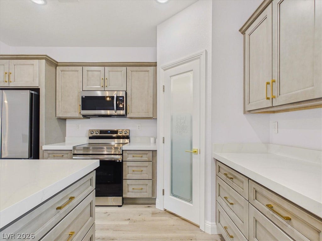 6680 S Raintree Court, Pahrump, NV 89061 Gleaming stone countertops and custom cabinetry define this thoughtfully designed modern kitchen.