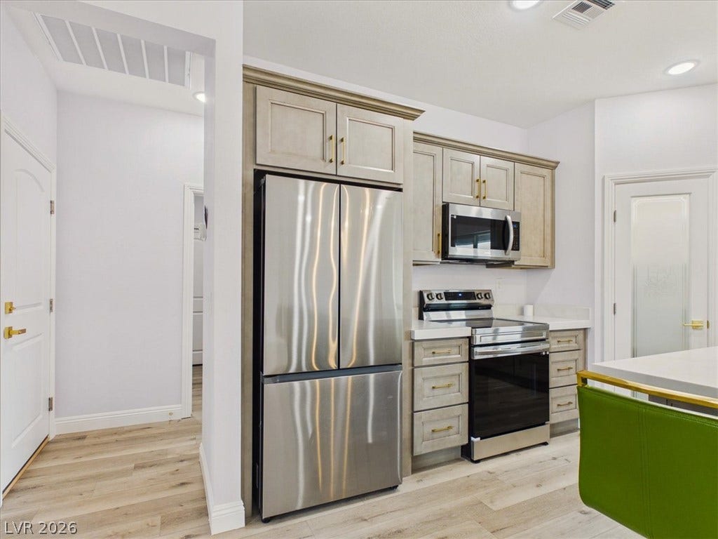 6680 S Raintree Court, Pahrump, NV 89061 Modern cabinetry and sleek stainless steel appliances line this thoughtfully designed culinary workspace.