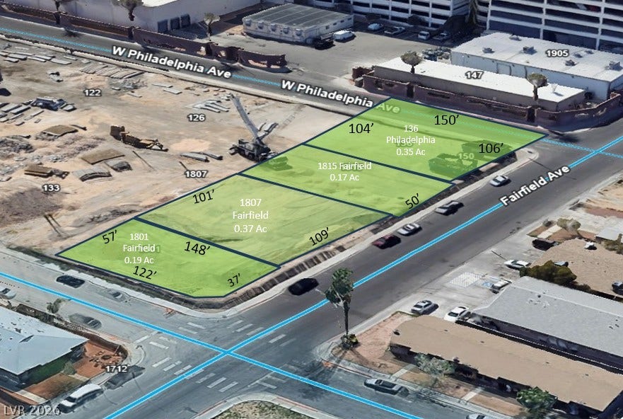 An aerial layout highlights the building potential of multiple adjacent lots near main roadways.