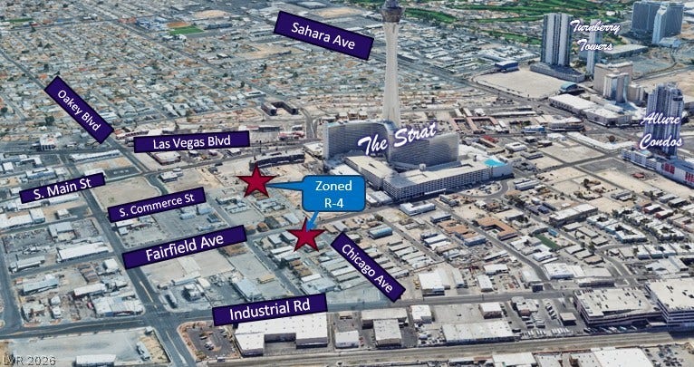 200 W Chicago Avenue, Las Vegas, NV 89102 An aerial map highlights the prime downtown location zoned for flexible development options.