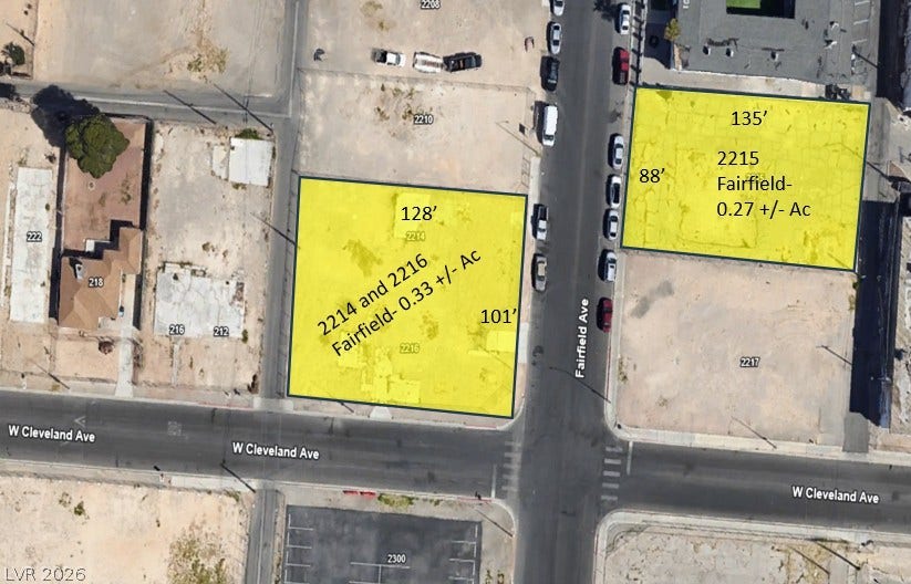 Aerial plat map outlines prime developable parcels highlighted at the corner intersection.