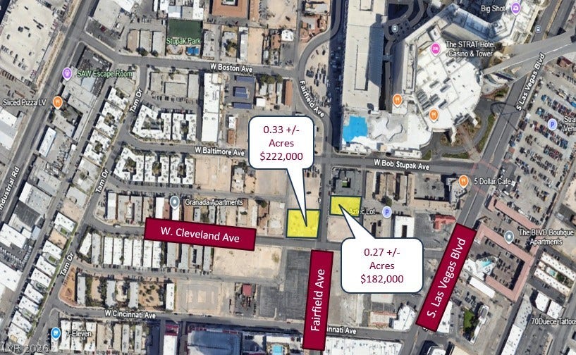 An aerial map highlights prime development parcels situated near the bustling Las Vegas Strip.