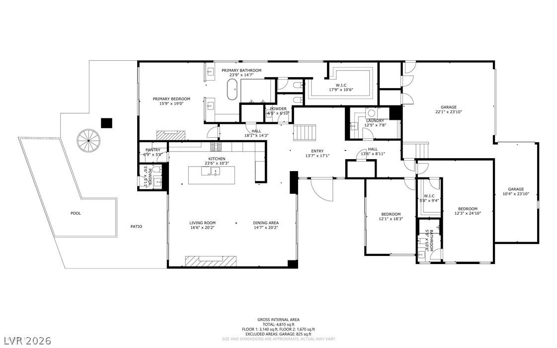 A detailed floor plan displays the thoughtful layout of this residence, including multiple living spaces and an inviting outdoor patio with a pool.