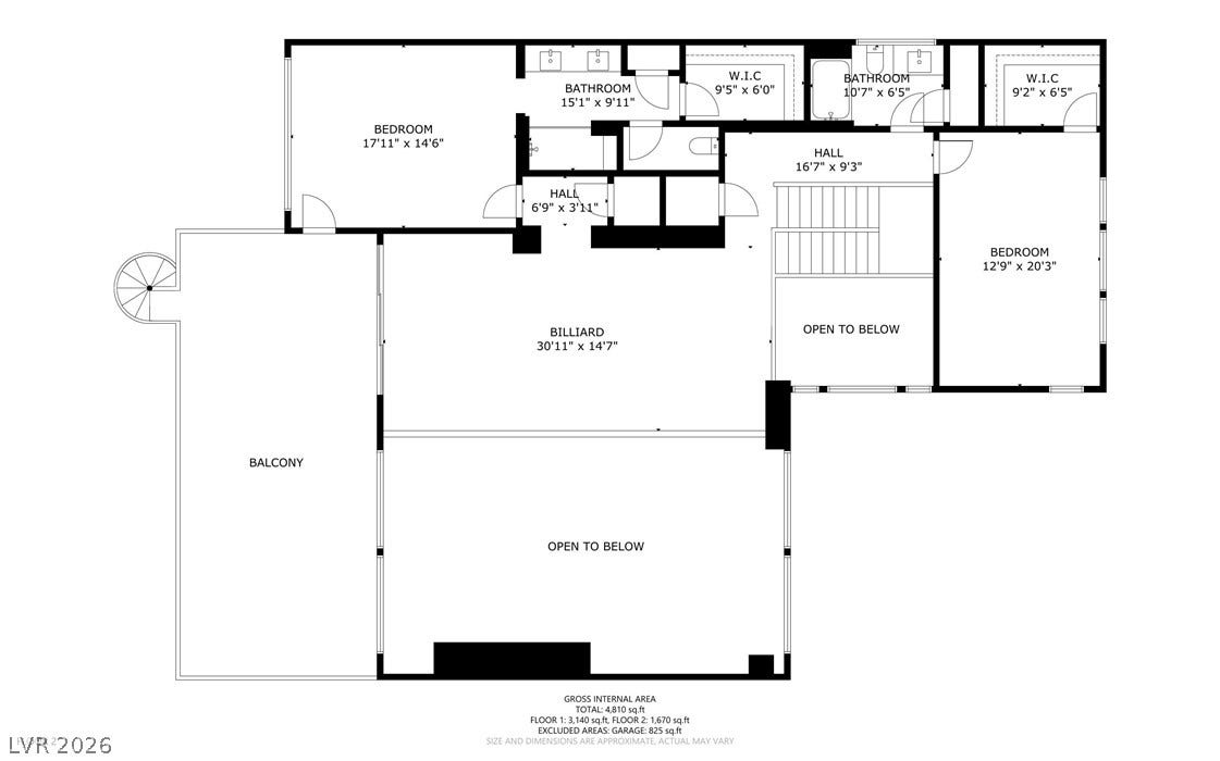 A clear floor plan illustrates the spacious second level, featuring two large bedrooms, private baths, and a generous billiard area.