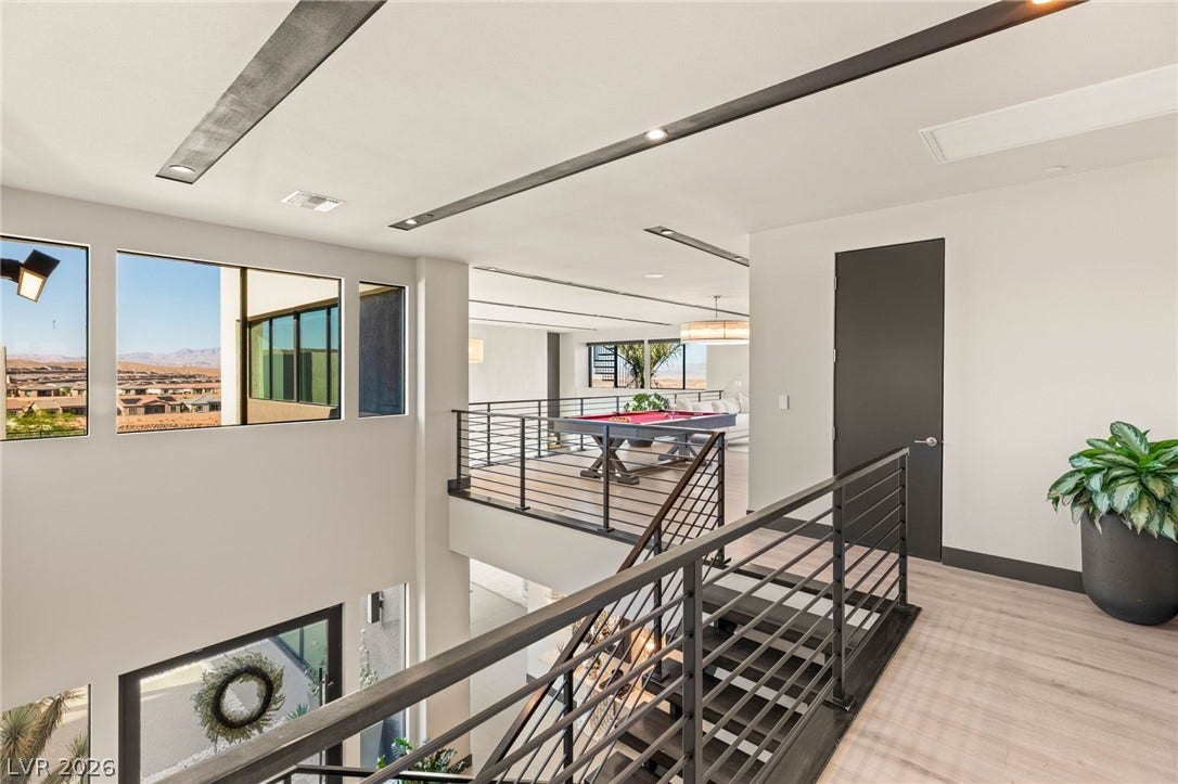 A striking contemporary interior showcases a multi-level layout with sleek railings and broad views.