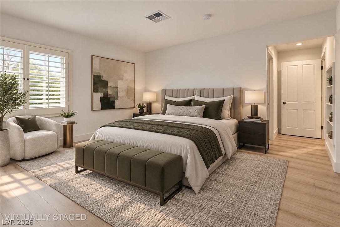 2001 Silver Avenue, Las Vegas, NV 89102 Gleaming hardwood floors and classic plantation shutters enhance this serene bedroom retreat.