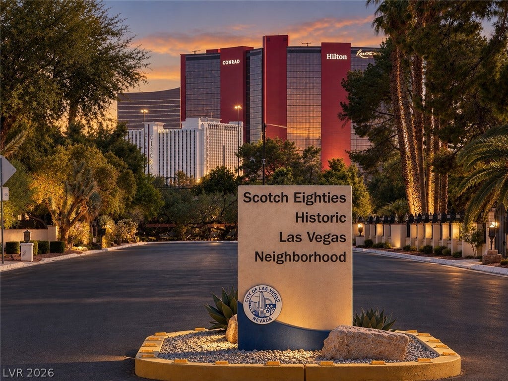 2001 Silver Avenue, Las Vegas, NV 89102 A stone neighborhood sign marks the entrance of this historic community near the skyline.