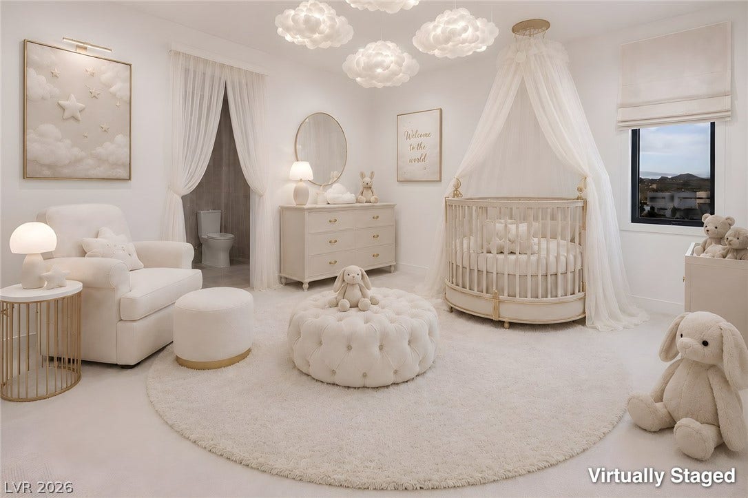 Elegant arches and smooth plaster walls define this charmingly designed nursery space.