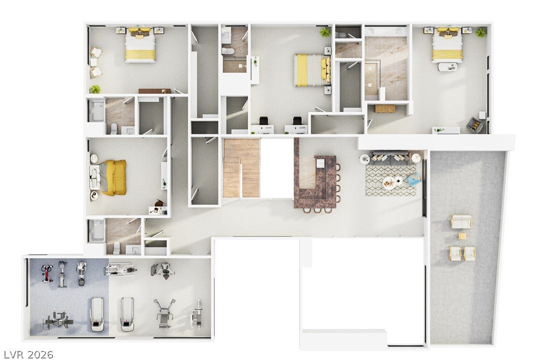 An organized floor plan highlights a multi-bedroom layout with integrated private gym and terrace.