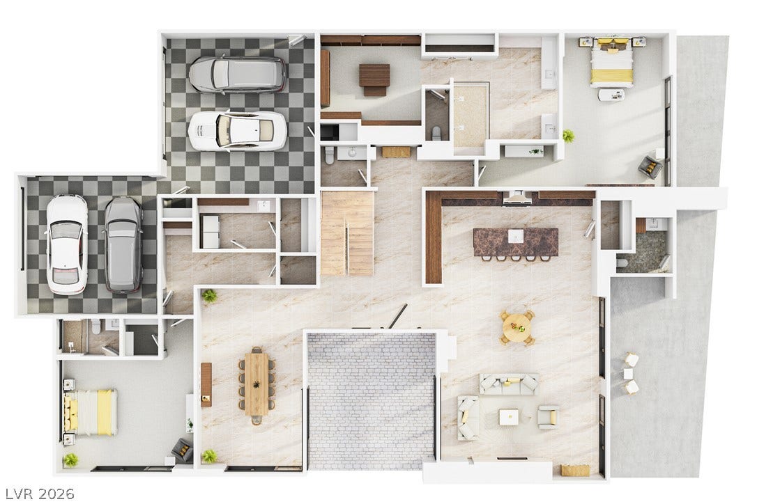An organized architectural floor plan highlights a spacious layout featuring multiple garages and living areas.