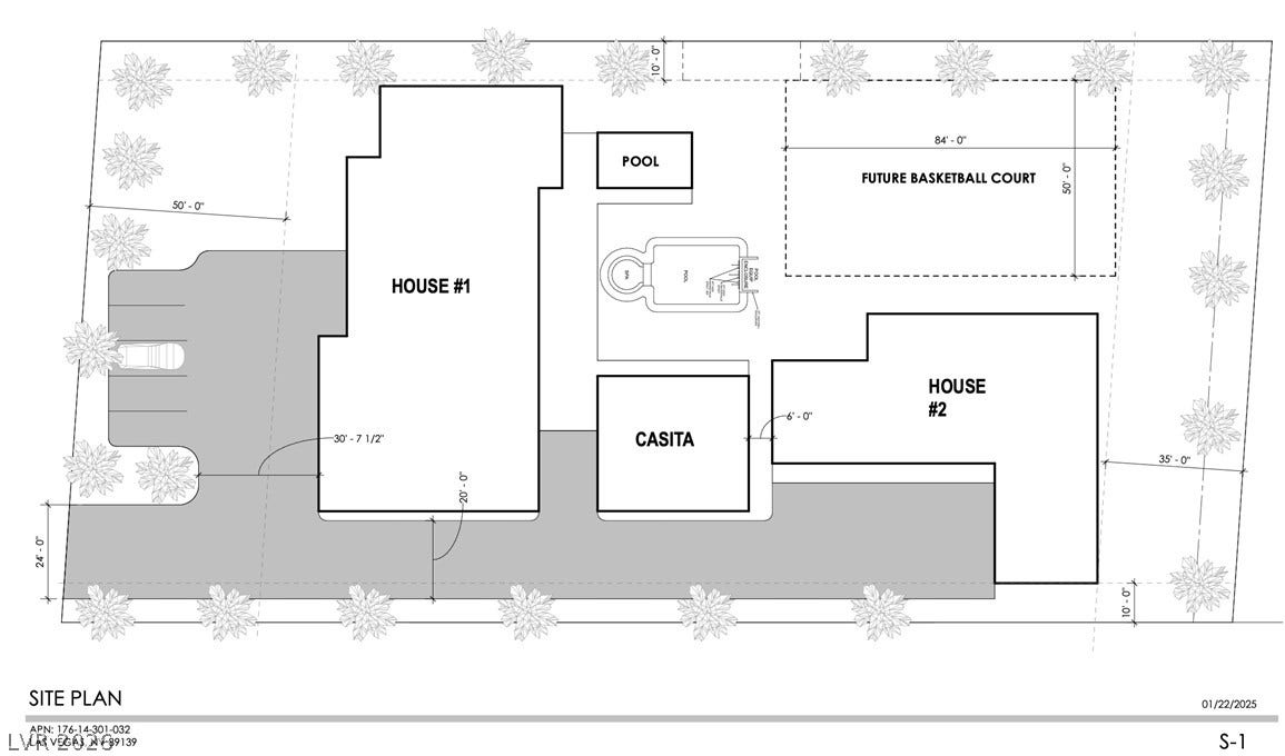 Redwood Street, Las Vegas, NV 89139 A comprehensive site plan illustrates the layout of multiple dwellings, pool area, and recreational spaces.