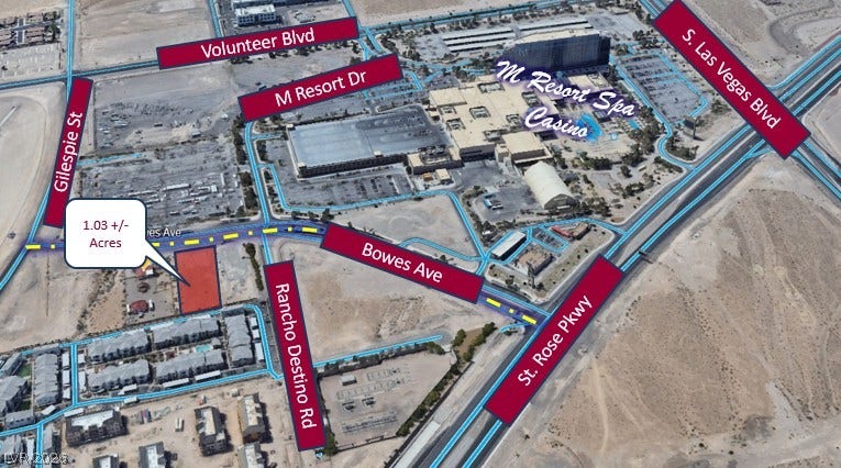 Bowes Avenue, Henderson, NV 89044 An aerial overview highlights the strategic location and nearby major roadways of this parcel.