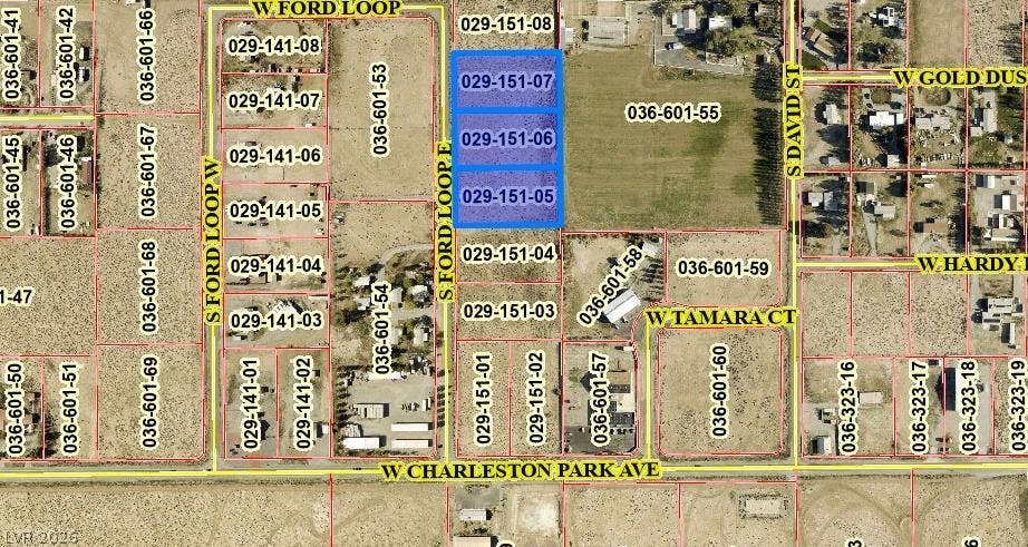 801 S Ford Loop, Pahrump, NV 89048 An aerial plat map highlights the defined parcel boundaries of this prime real estate opportunity.