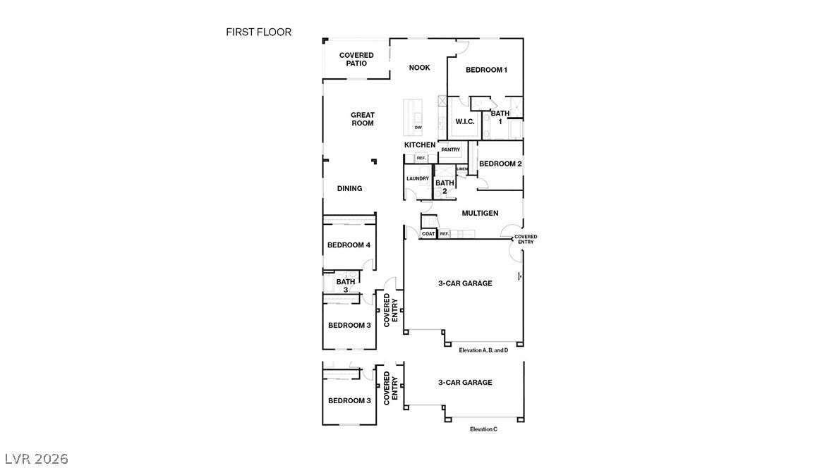 1044 Gentle Swan Street, Henderson, NV 89011 An organized floor plan outlines the spacious first-floor layout and multi-car garage options.