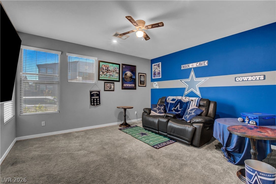 6834 Moorland Street, North Las Vegas, NV 89084 Plush carpeting anchors this versatile secondary living space filled with natural light.