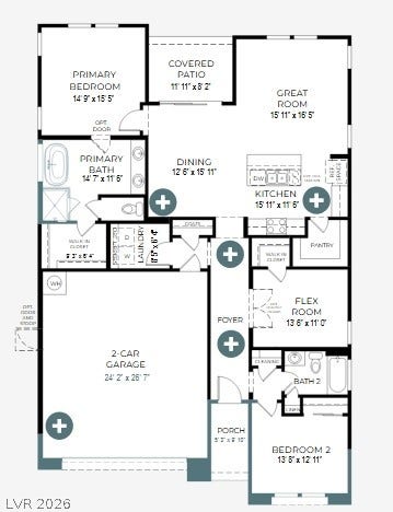 An intuitive layout maximizes efficiency and flow throughout this single-story residential floor plan.