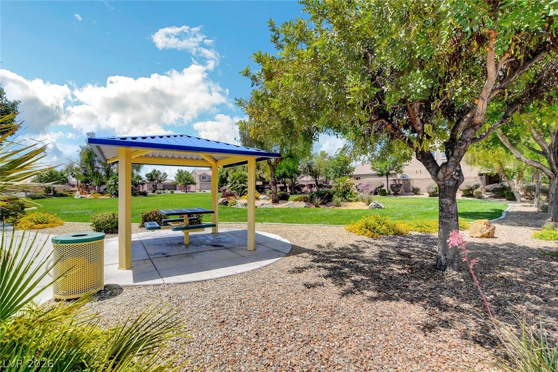 5508 Meridian Rain Street, North Las Vegas, NV 89031 Mature trees shade a covered picnic pavilion overlooking a manicured community park.