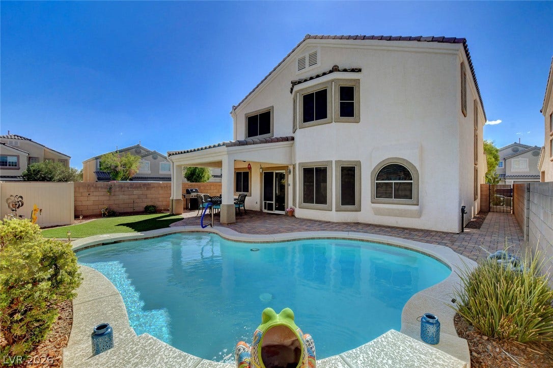 5508 Meridian Rain Street, North Las Vegas, NV 89031 A sparkling private pool highlights the backyard of this classic two-story stucco residence.