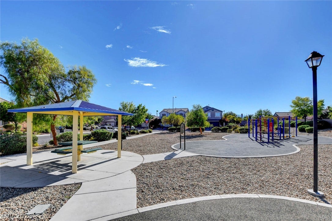 5508 Meridian Rain Street, North Las Vegas, NV 89031 A well-maintained community park offers a shaded pavilion and playground under clear blue skies.