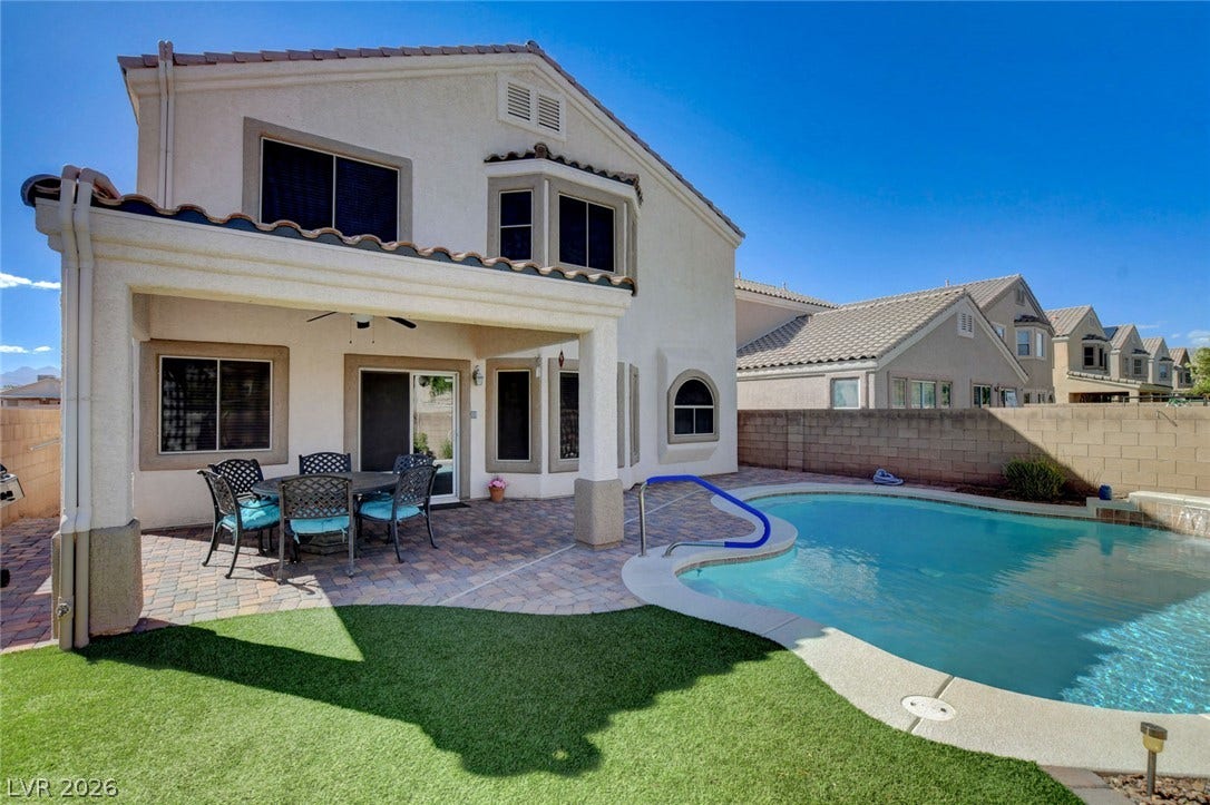 5508 Meridian Rain Street, North Las Vegas, NV 89031 An inviting backyard oasis features a shimmering pool alongside a covered paver patio.