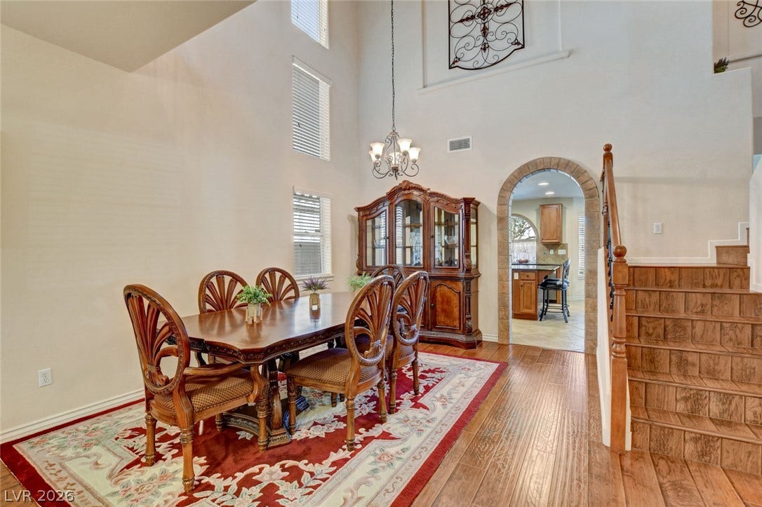 5508 Meridian Rain Street, North Las Vegas, NV 89031 Hardwood floors and soaring ceilings create an airy atmosphere throughout this dining space.