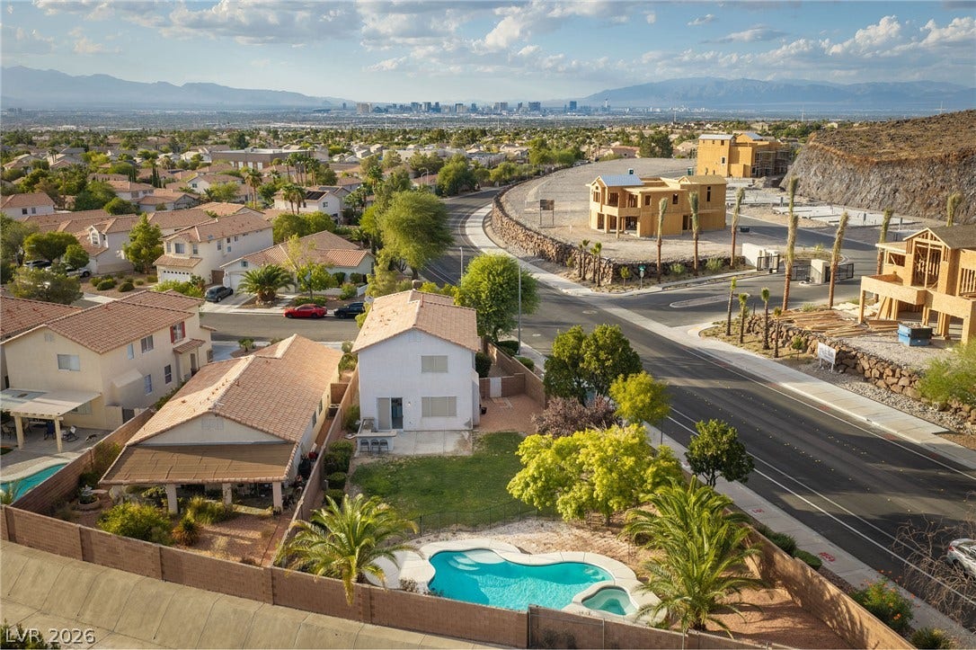 2381 Predera Avenue, Henderson, NV 89052 An elevated perspective showcases the private backyard pool against a panoramic city skyline backdrop.