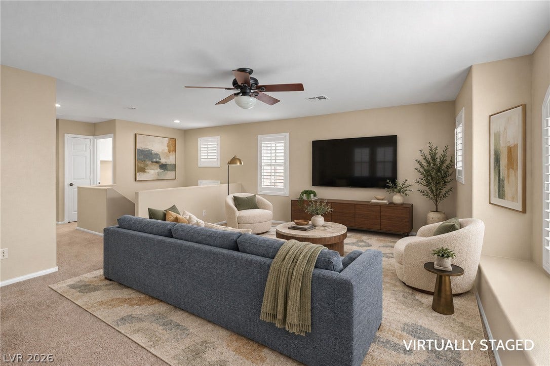 2381 Predera Avenue, Henderson, NV 89052 An open living space highlights clean lines, neutral walls, and comfortable wall-to-wall carpeting.