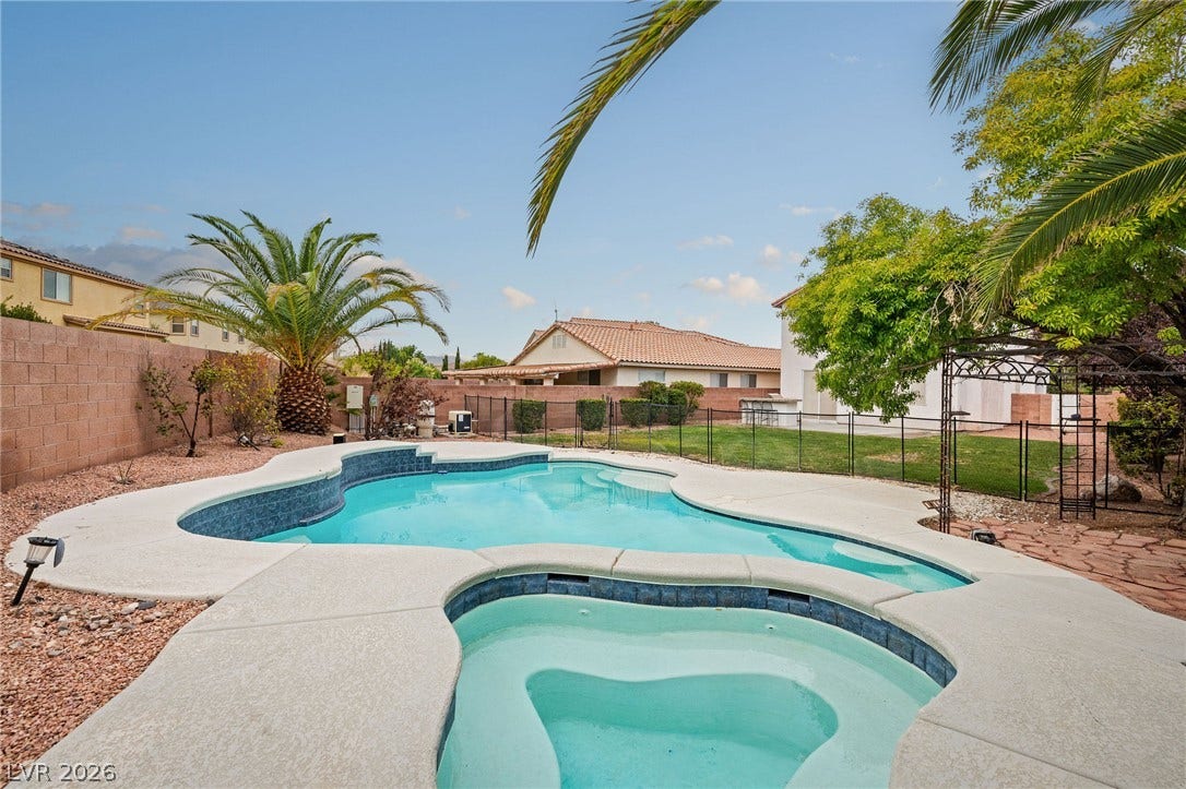 2381 Predera Avenue, Henderson, NV 89052 Mature palms and robust fencing frame a sparkling backyard pool and spa retreat.