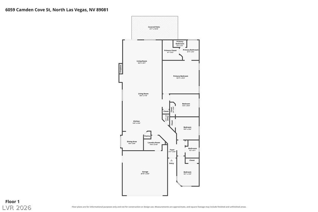 6059 Camden Cove Street, North Las Vegas, NV 89081 A detailed layout reveals an open single-story flow with seamlessly connected living spaces.