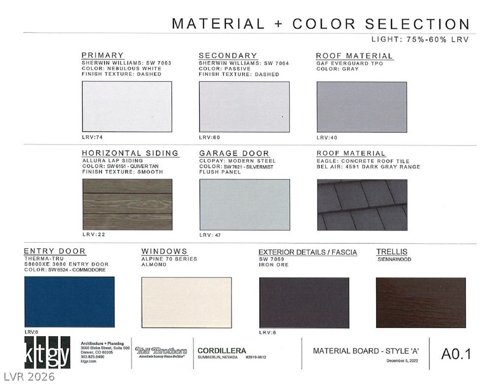 655 Talon Ridge Street, Las Vegas, NV 89138 A comprehensive material and color selection board outlines the curated design palette.