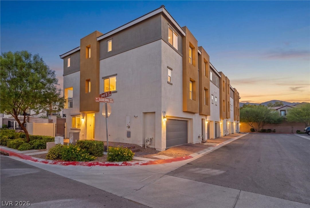 10059 Dazzling Sunrays Avenue, Las Vegas, NV 89129 Modern multi-level exterior architecture features stucco finishes and private garage access under a twilight sky.