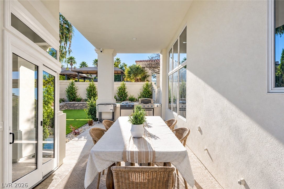8805 Spanish Mountain Drive, Las Vegas, NV 89148 Sheltered outdoor dining space features smooth stucco walls and a built-in outdoor kitchen.