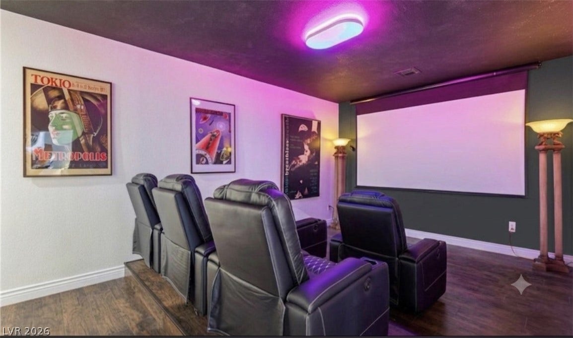 8088 Dark Hollow Place, Las Vegas, NV 89117 A private theater space features plush seating on tiered flooring, ready for immersive entertainment.