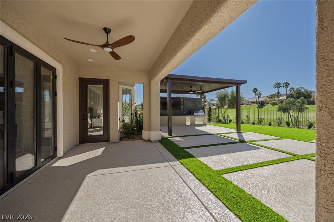 10248 Andante Court, Las Vegas, NV 89135 View of patio / terrace featuring a ceiling fan and a grill