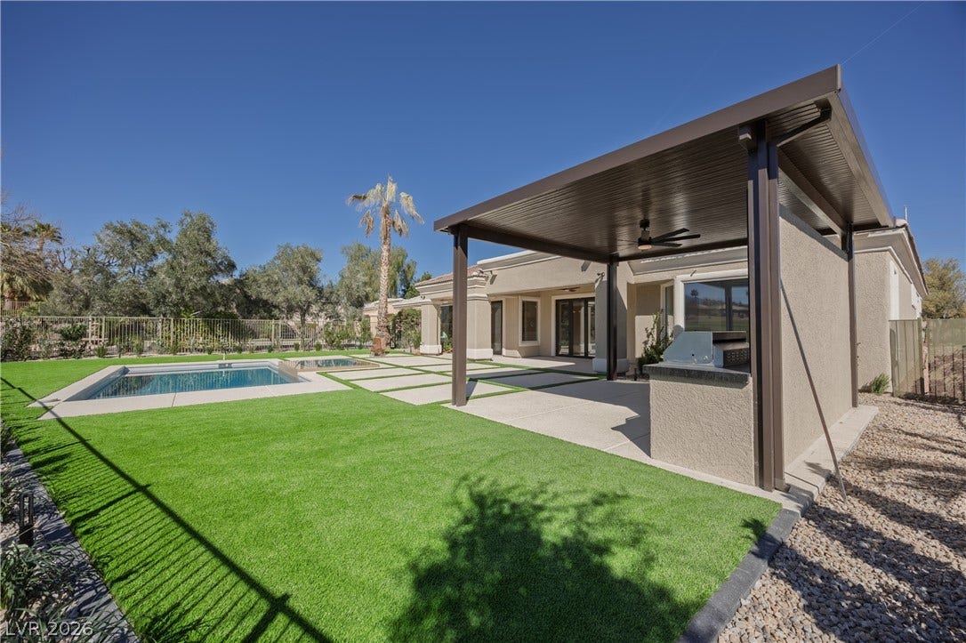 10248 Andante Court, Las Vegas, NV 89135 Back of house with an outdoor kitchen, a fenced backyard, a patio area, and ceiling fan