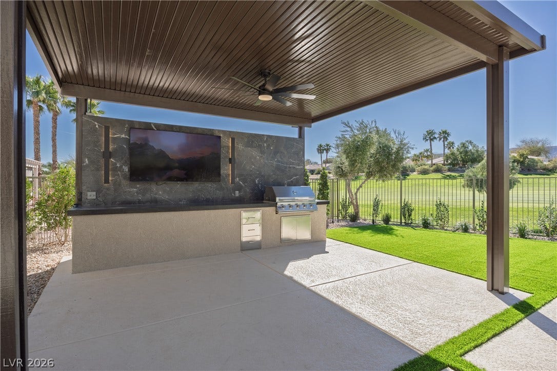10248 Andante Court, Las Vegas, NV 89135 View of patio / terrace with area for grilling and ceiling fan
