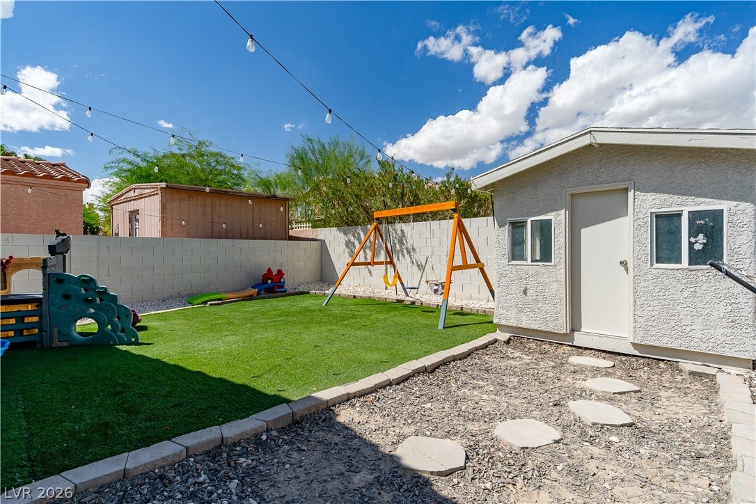 4927 Rancho Domingo Court, North Las Vegas, NV 89031 An enclosed backyard features artificial turf alongside a detached stucco storage building.