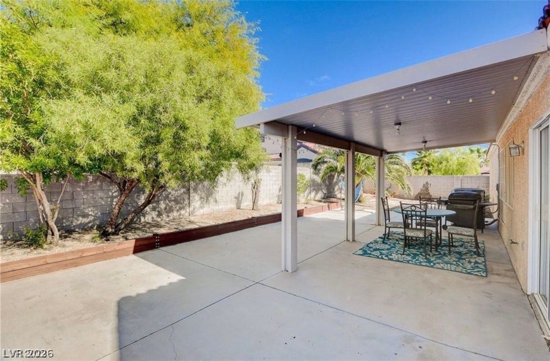 2514 Inlet Spring Avenue, North Las Vegas, NV 89031 A spacious concrete patio is protected by a solid overhead cover in the backyard.