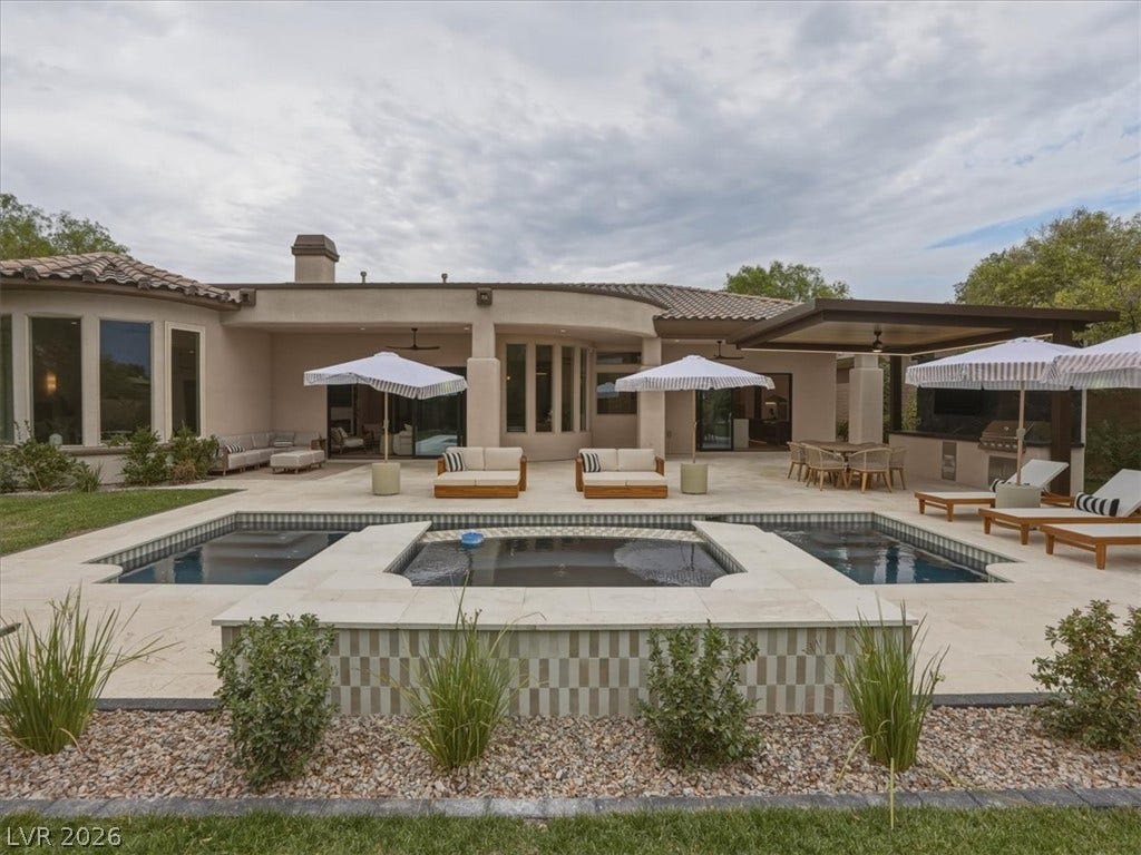 3 Isleworth Drive, Henderson, NV 89052 An inviting backyard oasis offers a sparkling pool and spa, perfect for relaxation or entertaining.