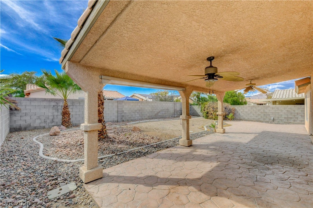 5239 Ferrell Mountain Court, North Las Vegas, NV 89031 Shaded outdoor living options await beneath a covered patio overlooking the private yard.