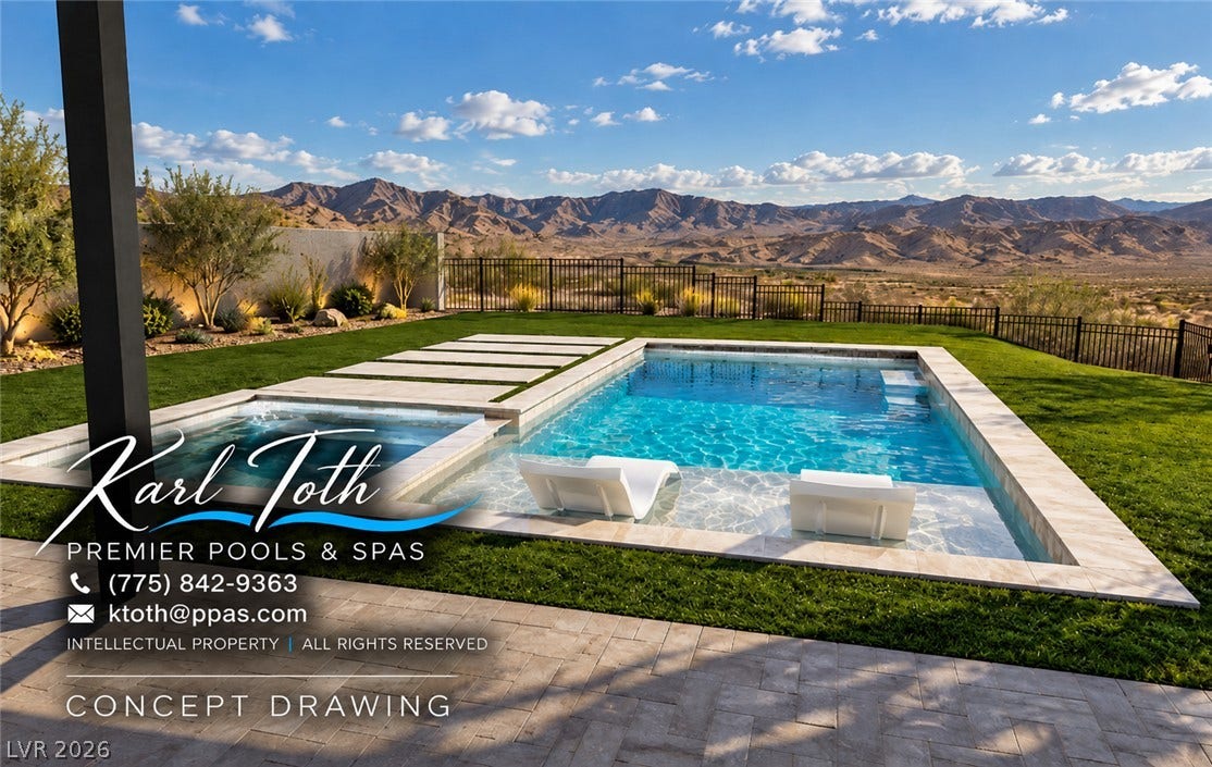 30 Sand Star Lane, Henderson, NV 89011 Dramatic mountain vistas frame this manicured backyard oasis with a pristine pool and stone terrace.