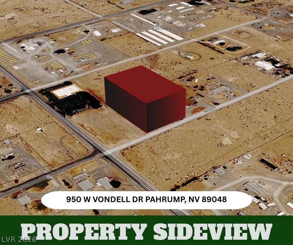 950 Vondell Drive, Pahrump, NV 89048 An aerial perspective showcases the outlined parcel within the surrounding desert landscape.