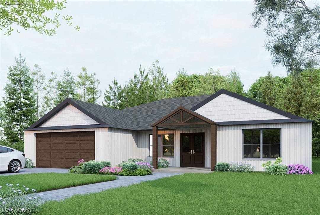 950 Vondell Drive, Pahrump, NV 89048 Board and batten siding pairs with shingle accents on this modern ranch-style exterior.